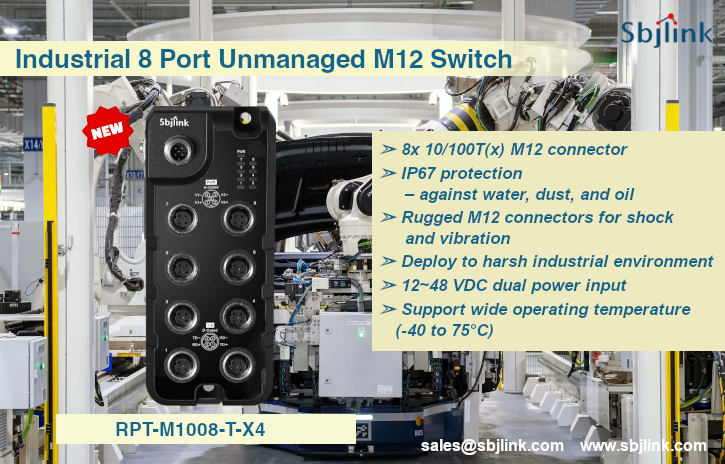 IP67 8 Port Industrial Unmanaged FE M12 Switch